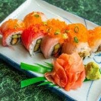 Princeton Roll (Raw) (8 Pieces) · Eel and cucumber inside, topped with tuna, yellowtail, salmon, white tuna, and caviar.