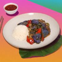 Vegan Eggplant Stir Fry · Stir-fried eggplant, chiles, basil, garlic, onions, and bell peppers and your choice of tofu...
