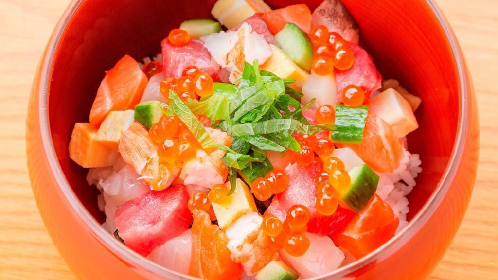 Bara Chirashi Don · Finely diced assorted sashimi containing tuna, yellowtail, scallop, shrimp, salmon, egg, kanpyo, and salmon roe served on top of sushi rice.