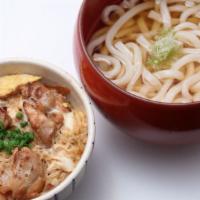 Mini Oyako Don & Hot Udon Noodles Set · Grilled chicken and onion simmered in Dashi broth wrapped with a layer of half-cooked custar...