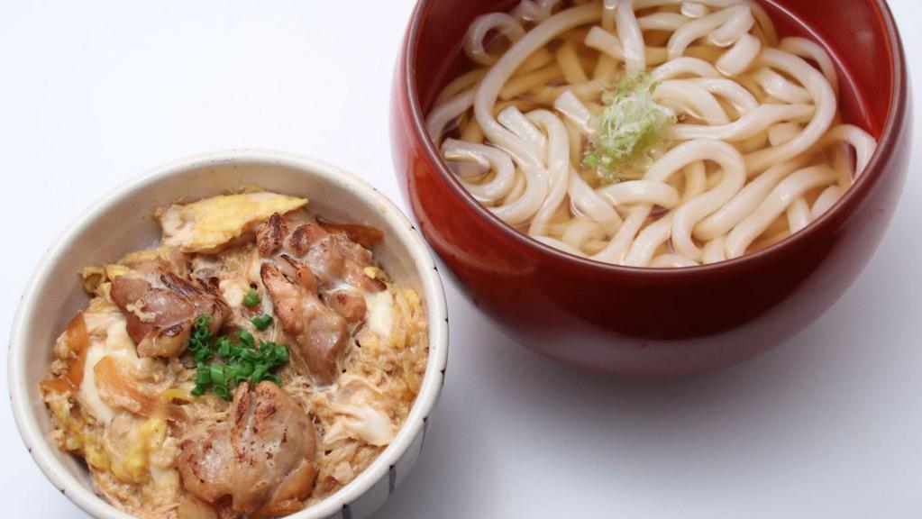 Mini Oyako Don & Hot Udon Noodles Set · Grilled chicken and onion simmered in Dashi broth wrapped with a layer of half-cooked custard egg over rice. Comes with hot udon noodles.