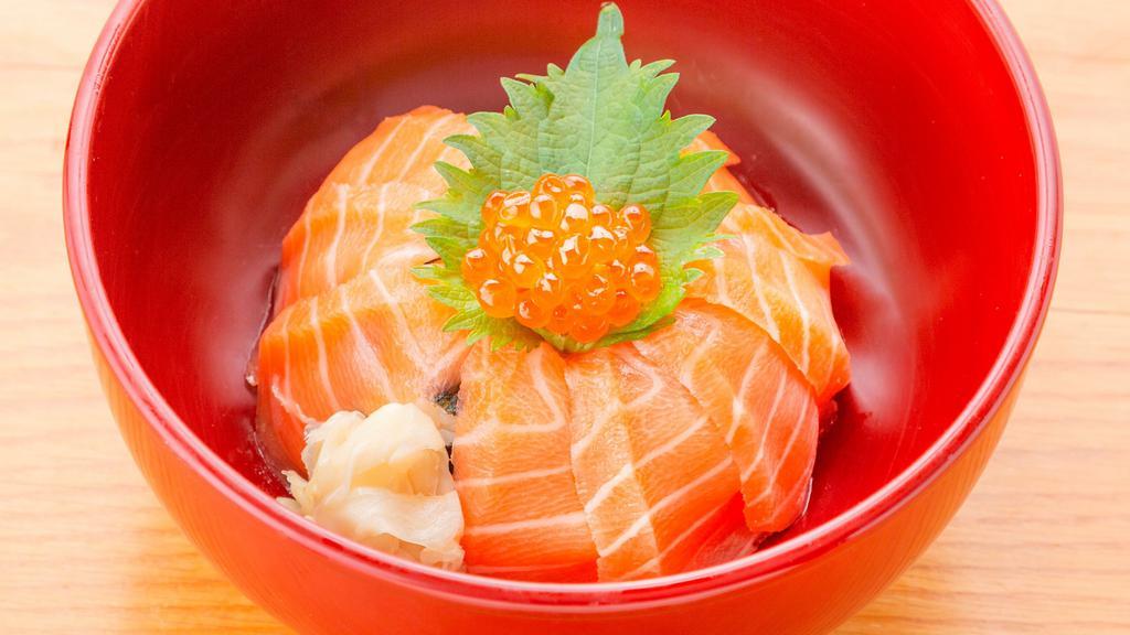 Salmon Ikura Don · Salmon and salmon roe served on top of sushi rice.