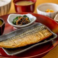 Saba (Dinner) · Grilled salted mackerel served with Japanese grated radish. Served with white rice, soup, an...