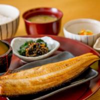 Shima Hokke (Dinner) · Grilled atka mackerel served with Japanese grated radish. Served with white rice, soup, and ...
