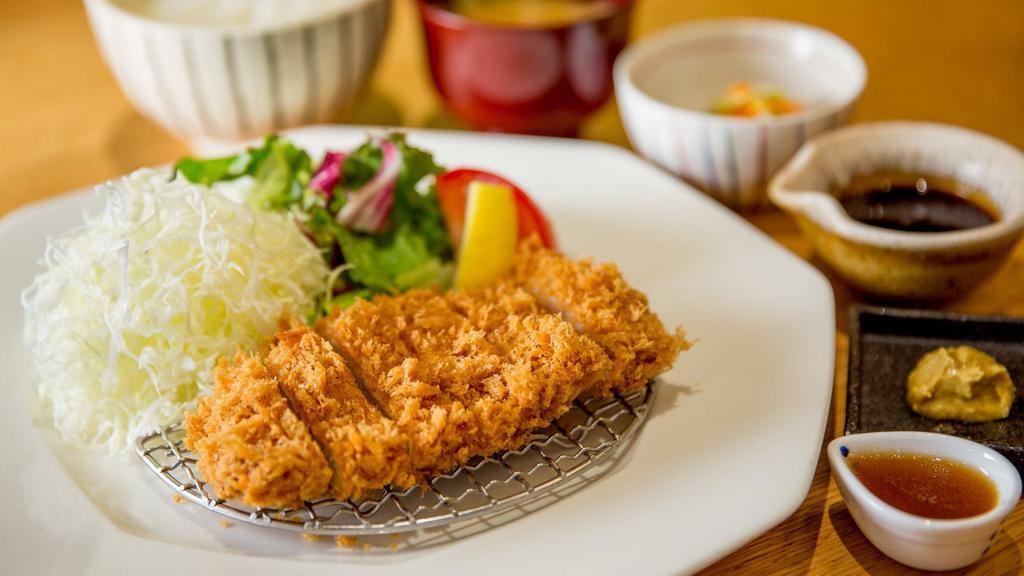Tonkatsu (Dinner) · Breaded and deep fried silky pork loin cutlet served with original tonkatsu sauce. Served with white rice, soup, and homemade pickles.