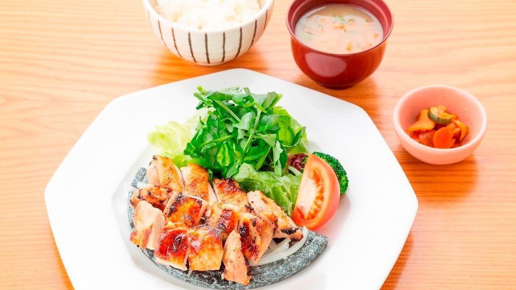 Tori Shio Koji (Dinner) · Grilled chicken marinated in a special salt-based koji. Served with white rice, soup, and homemade pickles.