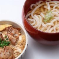 Mini Oyako & Hot Udon Noodles Set · Grilled chicken and onion simmered in Dashi broth wrapped with a layer of half-cooked custar...