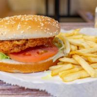 Chicken Sandwich Combo · All sandwiches served with lettuce, tomato, ketchup and mayonnaise on a toasted sesame seed ...