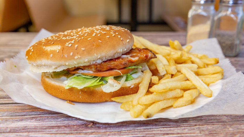 Grilled Chicken Sandwich Combo · All sandwiches served with lettuce, tomato, ketchup and mayonnaise on a toasted sesame seed bun. Served with choice of drink or fries; drink and fries for an additional charge.