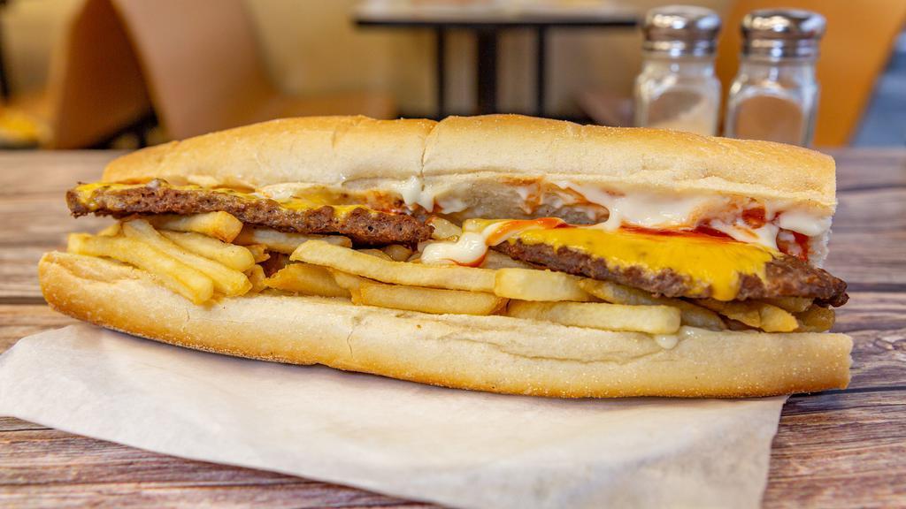 Philly Cheese Steak Beef · Grilled beef steak, American cheese, onion, green pepper, ketchup and mayonnaise on a toasted 10