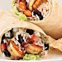 Shrimp Burrito · Flour or Whole Wheat tortilla filled grilled shrimp with onions, rice, beans, lettuce, chees...