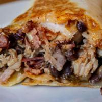 Pork Bbq Burrito · Flour or Whole Wheat tortilla filled with fry pork marinated in bbq sauce, rice, beans, lett...