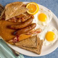 Hungry Man Special · Two egg any style, two pancakes, two slices of bacon, two sausages, and toast.