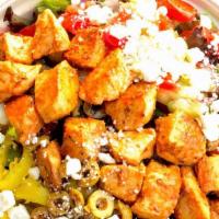 Greek Salad With Chicken · Romaine and spring mix topped with tomato & cucumber salad, feta cheese, green olive salad, ...