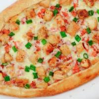 Grilled Chicken Pide (Mediterranean Style Pizza) · Grilled chicken breast, tomatoes, scallions, sumac, and mozzarella.