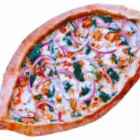Chicken & Spinach Pide (Mediterranean Style Pizza) · Grilled chicken, spinach, garlic, tomatoes, red onions & mozzarella cheese