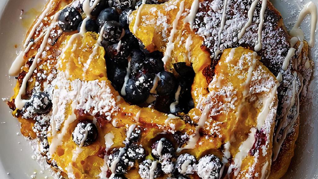 Bobby'S Blueberry Croissant French Toast · Our fresh baked croissant with baked blueberries inside, topped with fresh Driscol blueberries.