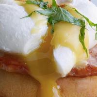 Mini Waffles Benedict · Three mini Belgian waffles two waffles with Canadian bacon, poached egg and Hollandaise sauc...
