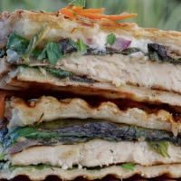 Rustic Chicken Panini · Grilled chicken with imported goat cheese, red onions and field greens drizzled with extra v...