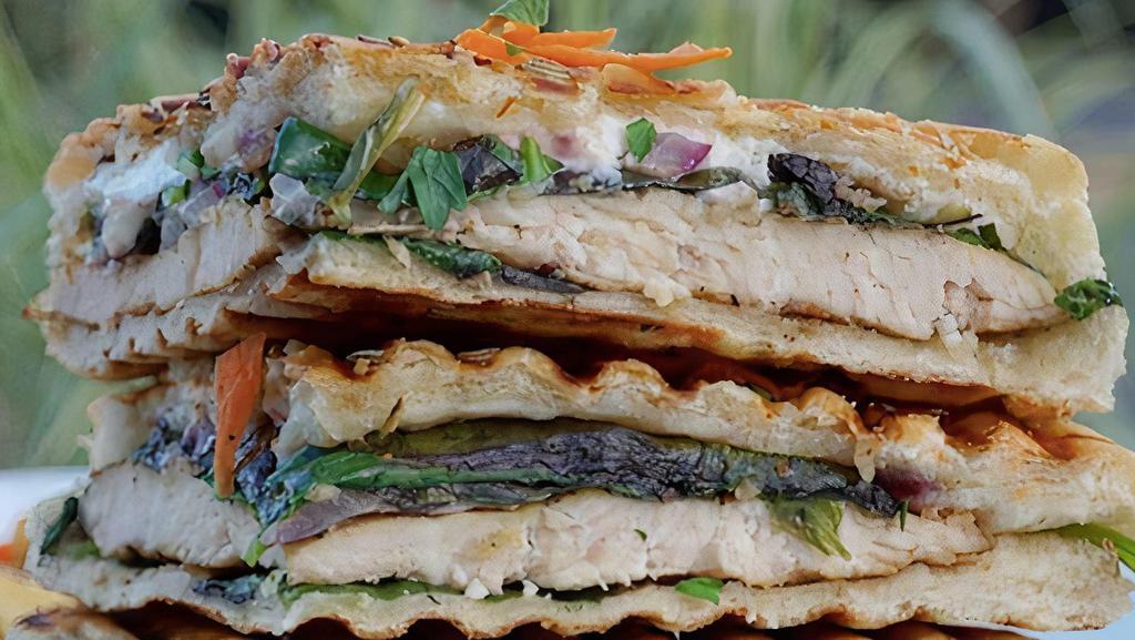 Rustic Chicken Panini · Grilled chicken with imported goat cheese, red onions and field greens drizzled with extra virgin olive oil.