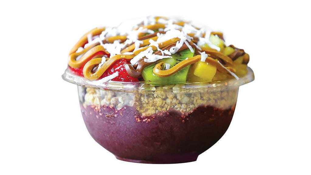 Frutta Bowl · This classic bowl is made with an organic Açaí and banana base, a layer of granola, and topped with strawberry, pineapple, kiwi, Nutella, peanut butter, honey, and coconut flakes.