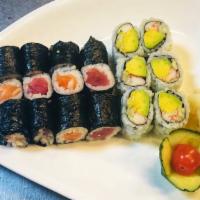 Maki Combo · California roll, tuna roll, and salmon roll.