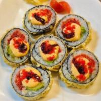 Godzilla Roll · Deep fried roll, spicy tuna and avocado inside with scallion, caviar, spicy mayo, and eel sa...