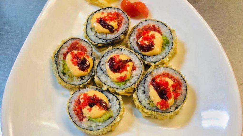 Godzilla Roll · Deep fried roll, spicy tuna and avocado inside with scallion, caviar, spicy mayo, and eel sauce on top.