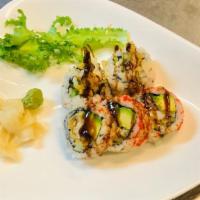 Spider Roll (5 Pcs) · Deep fried soft shell crab, cucumber, and avocado with caviar.