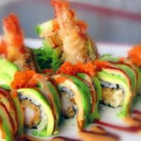 Caterpillar Roll · Shrimp tempura and eel inside, topped with thinly sliced avocado and caviar.