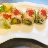 Dancing Coconut Roll · Salmon, mango, and avocado inside. Topped with shrimp, coconut sauce and red tobiko.