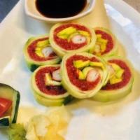 Spicy Tuna Naruto Roll · Spicy tuna and avocado, crabmeat wrapped with cucumber.