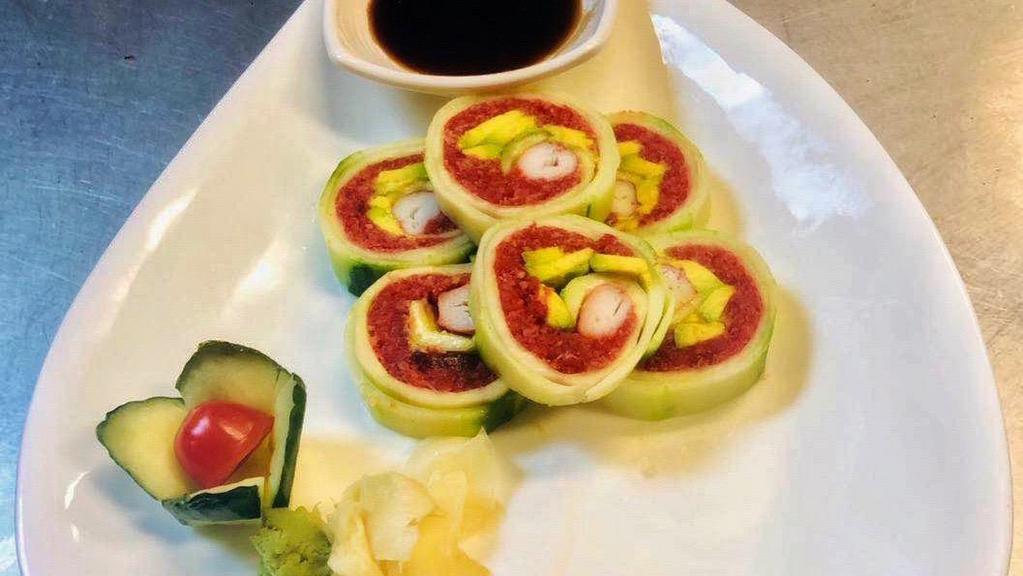 Spicy Tuna Naruto Roll · Spicy tuna and avocado, crabmeat wrapped with cucumber.
