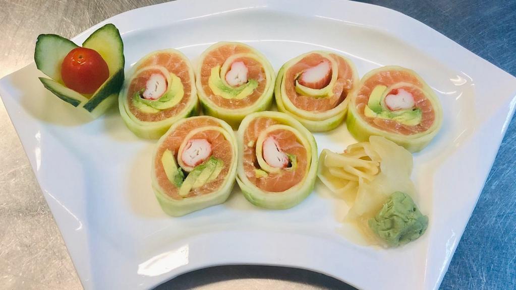 Salmon Naruto Roll · Salmon and avocado, crabmeat wrapped with cucumber.