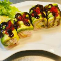 Kill Bill Roll · Shrimp tempura, fly oyster and cucumber with soybean paper and avocado on top and caviar, ee...