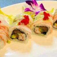 Coral Shrimp Roll · Jalapeño, crab, tuna, and avocado with sweet shrimp, crab and coconut sauce with scallions o...