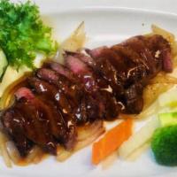 Steak Teriyaki · Traditionally broiled with teriyaki sauce. Served with salad or soup and white rice.