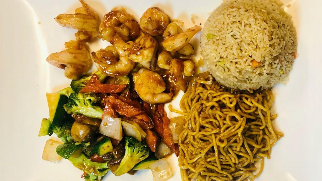 Shrimp Hibachi · Served with soup, green salad, shrimp appetizers, vegetables, fried rice, and noodles.