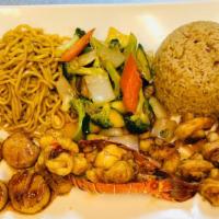 Seafood Hibachi Combo · Lobster tail, shrimp and scallops. Served with soup, green salad, shrimp appetizers, vegetab...