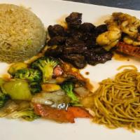 Surf & Turf Hibachi Combo · Filet mignon and lobster. Served with soup, green salad, shrimp appetizers, vegetables, frie...