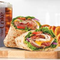 Chicken Club Wrap Meal · Slow roasted chicken breast with pepper bacon, cheddar cheese, green leaf lettuce, red onion...