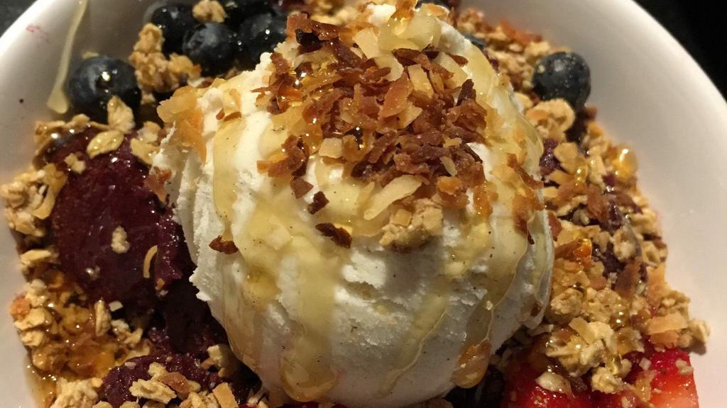 Hapa Bowl · Acai blended with strawberries, blueberries, banana, and apple juice. Topped with vanilla ice cream, bananas, blueberries, strawberries, granola, coconut flakes, and honey.