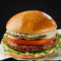 Veggie Burger · Jalapeno black bean patty. fresh iceberg lettuce, tomato, onion, dill pickle and our signatu...
