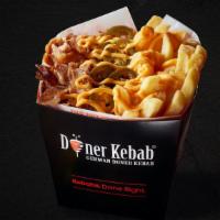 Doner Box Fries & Cheese · Your choice of doner meats with fries, melted cheese sauce, and jalapeños. Served with 3 sig...