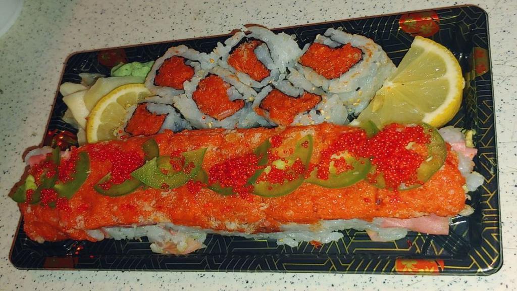 Spicy Lover Roll · Spicy. Spicy crunchy tuna topped with spicy crunchy salmon and wasabi caviar on top.