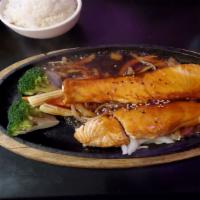 Salmon Teriyaki · Marinated and grilled. Includes miso soup or salad and steamed rice.