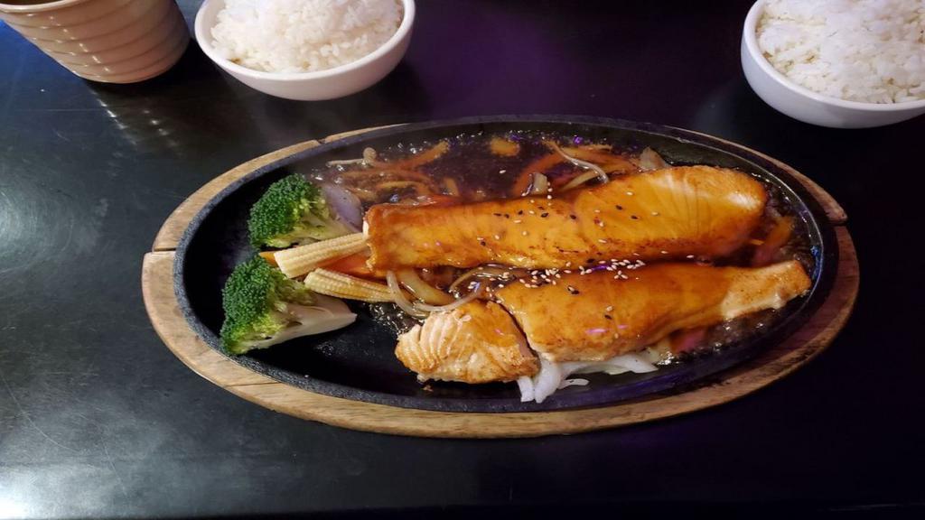 Salmon Teriyaki · Marinated and grilled. Includes miso soup or salad and steamed rice.