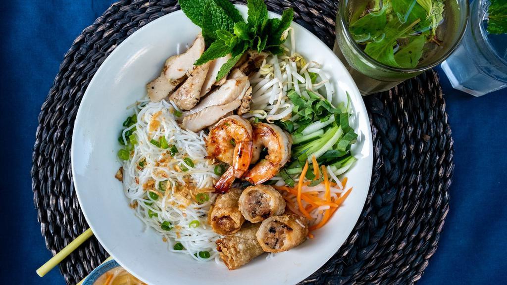 Grilled Vermicelli Platters · Vermicelli noodles from my tho, assorted vegetables, fresh mint, house dressing.