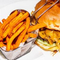 Signature Burger · Prime burger, shredded short rib, cheddar cheese, crispy onions, brioche bun. Served with Fr...