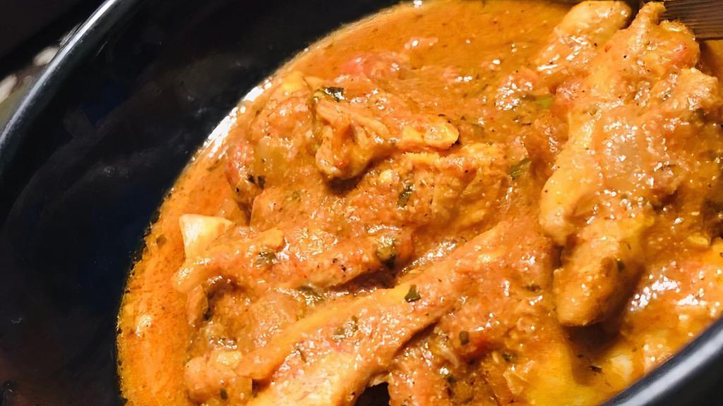 Chicken Lajwab · Tender morsels of dark meat cooked with tomatoes, ginger and cilantro.